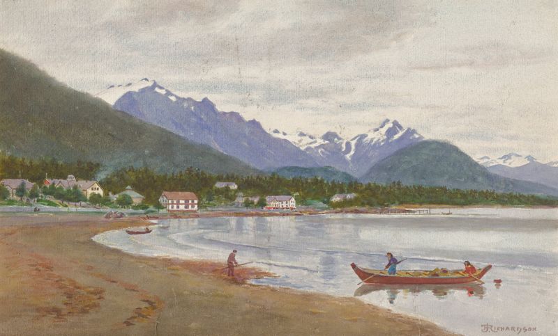On the Way to Indian River, Sitka by Theodore J. Richardson, oil on canvas depicting a winding river and forest.