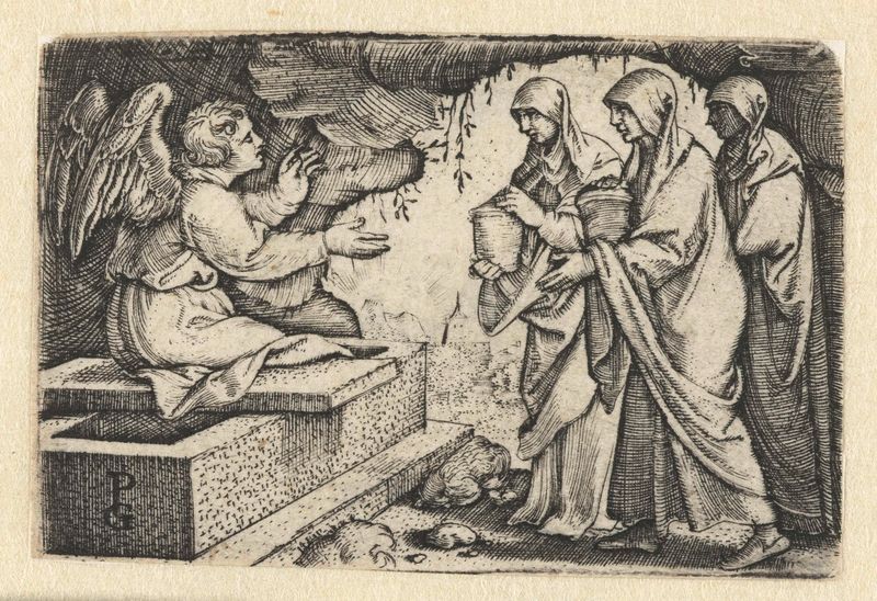 Gravura de Georg Pencz mostrando três mulheres de luto em um túmulo vazio