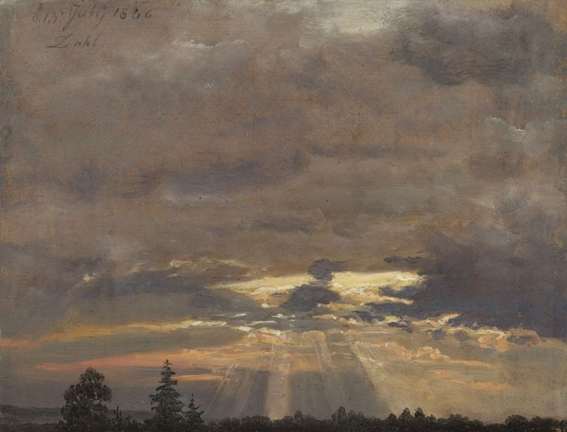 Cloud Study with Sunbeams by Johan Christian Dahl, oil painting depicting clouds and sunlight