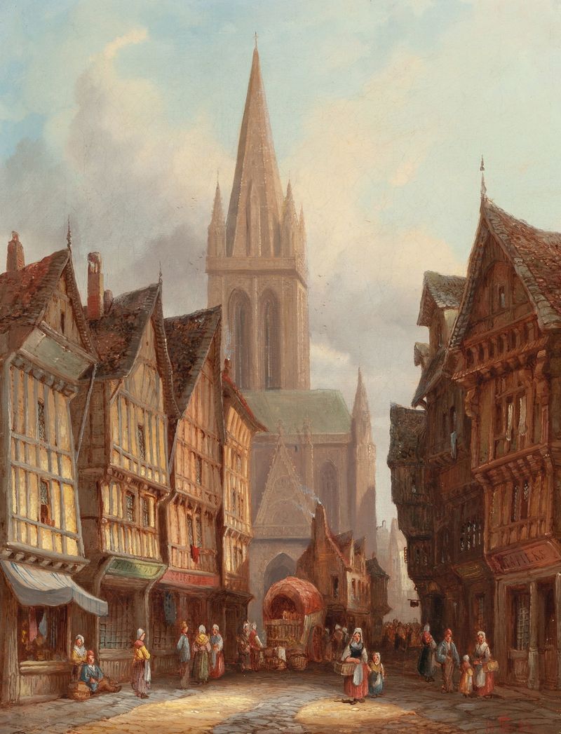 Escena de género que representa un día de mercado en Honfleur de Henry Thomas Schafer, óleo.