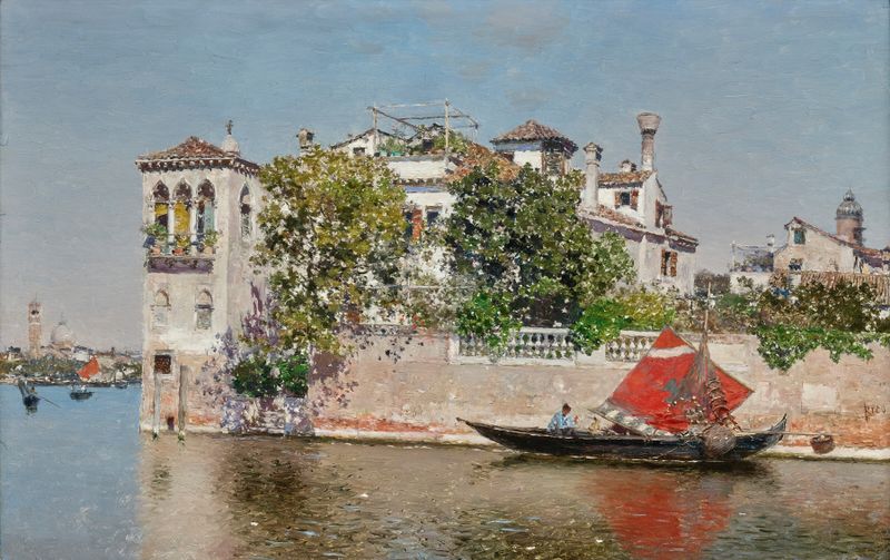 A Venetian Garden by Martin Rico y Ortega, depicting a couple in a lush garden, oil painting.