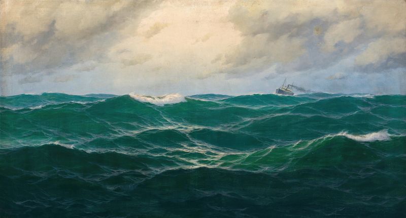 A seascape with a steamer on the horizon, oil painting by Max Jensen