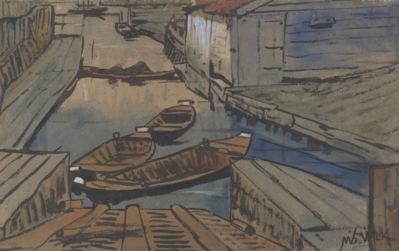Bootjes in een sloot tussen schuren de Maurits van der Valk, óleo sobre lienzo que muestra barcos y reflejos en el agua