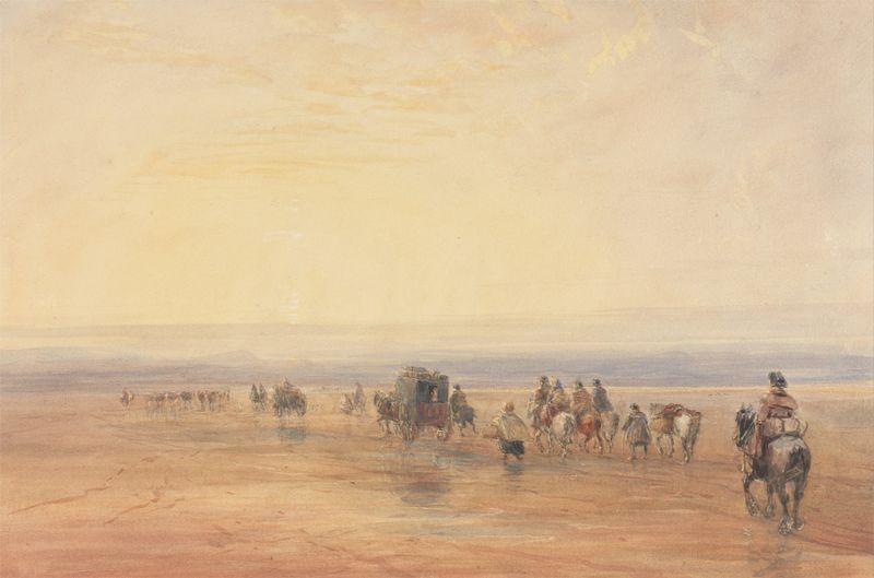 Crossing Lancaster Sands by David Cox, landscape with figures crossing a vast sandy expanse