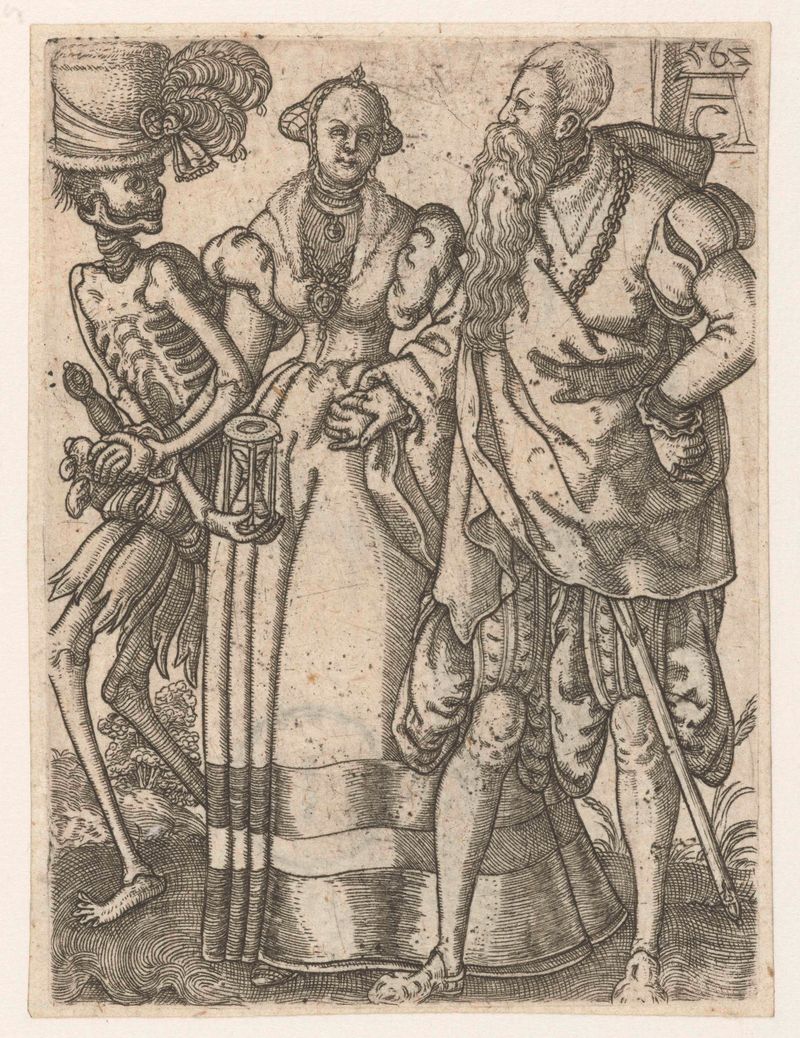Echtpaar met de Dood gravura de Monogrammist AC mostrando um casal em um abraço.
