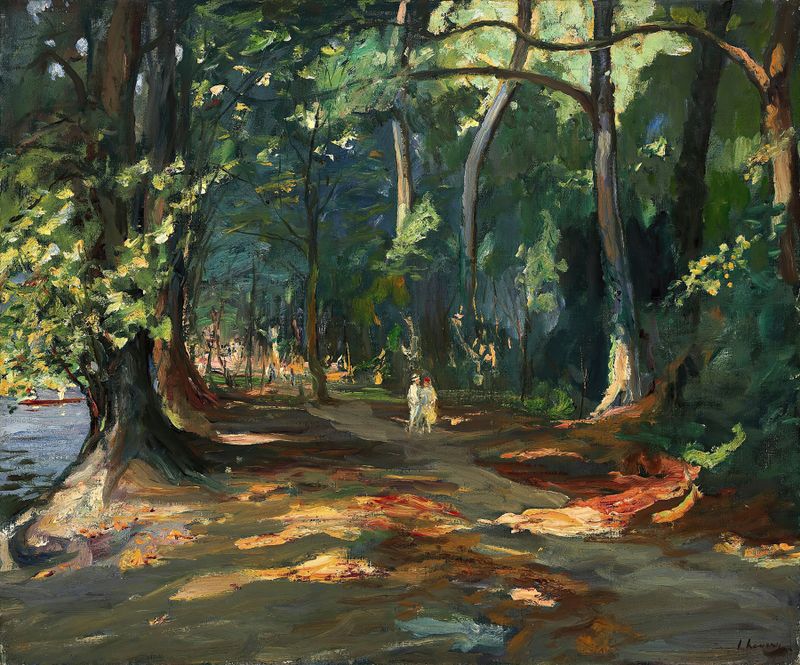 The path by the river, Maidenhead de Sir John Lavery, óleo sobre tela representando uma paisagem de rio tranquila.