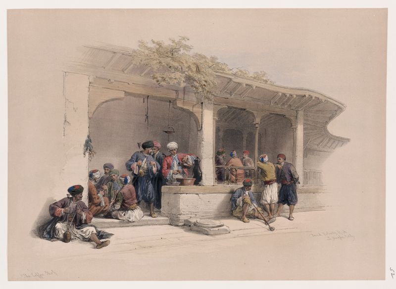 Escena interior de un café con clientes, óleo sobre lienzo de David Roberts
