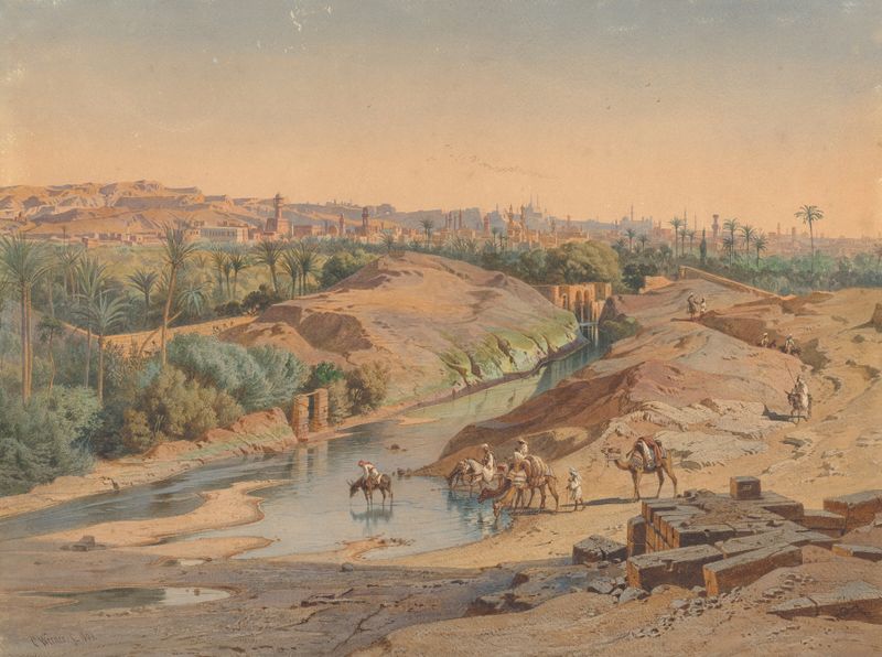 Paisagem retratando duas mulheres em um caminho ao crepúsculo, óleo de Carl Frederich Heinrich Werner