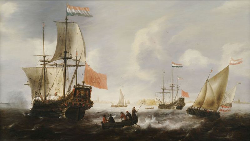 Marine scene with ships at the coast of Vlissingen by Jacob Adriaensz. Bellevois