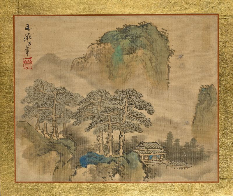 Landscape ink on paper by Tani Bunchō featuring a house, pine trees, and mountains.