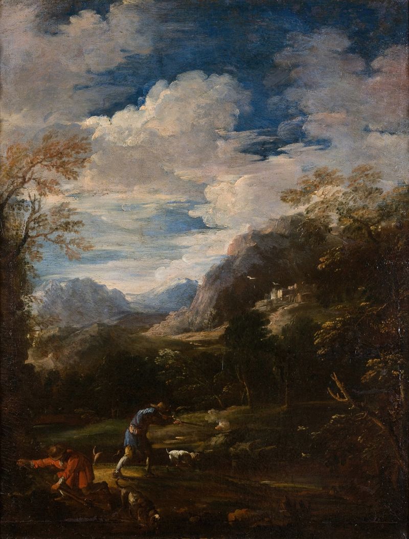 A Hunt de Antonio Maria Marini, óleo sobre tela retratando caçadores em uma floresta.