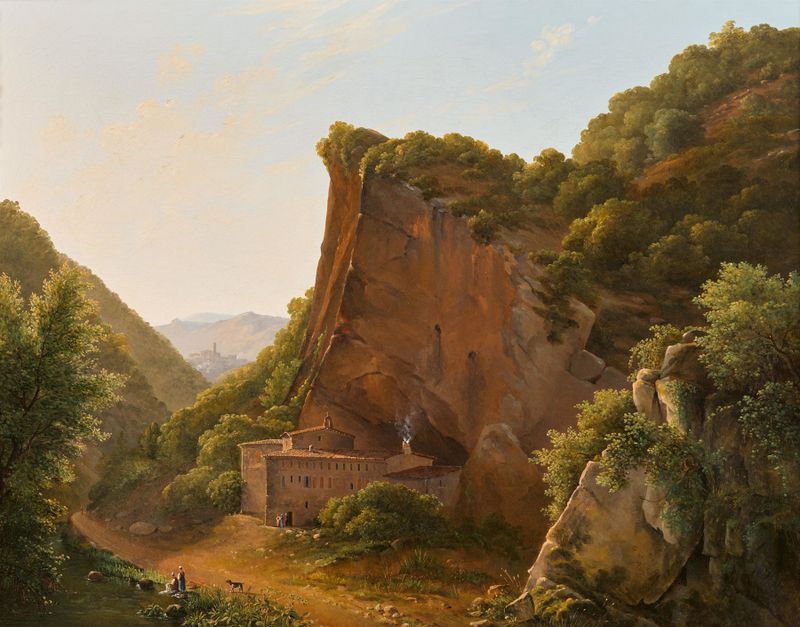 Oil painting of a rocky gorge with dramatic light and shadow by Polydore de Bec