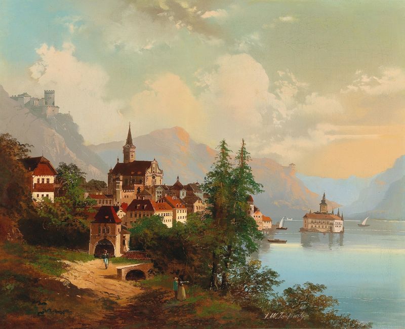 Cityscape with a castle, oil painting by Johann Wilhelm Jankowski
