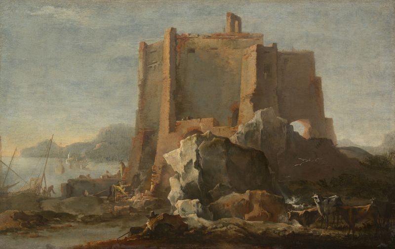 Paisagem com Rocha e Fortaleza, pintura a óleo de Domenico Gargiulo