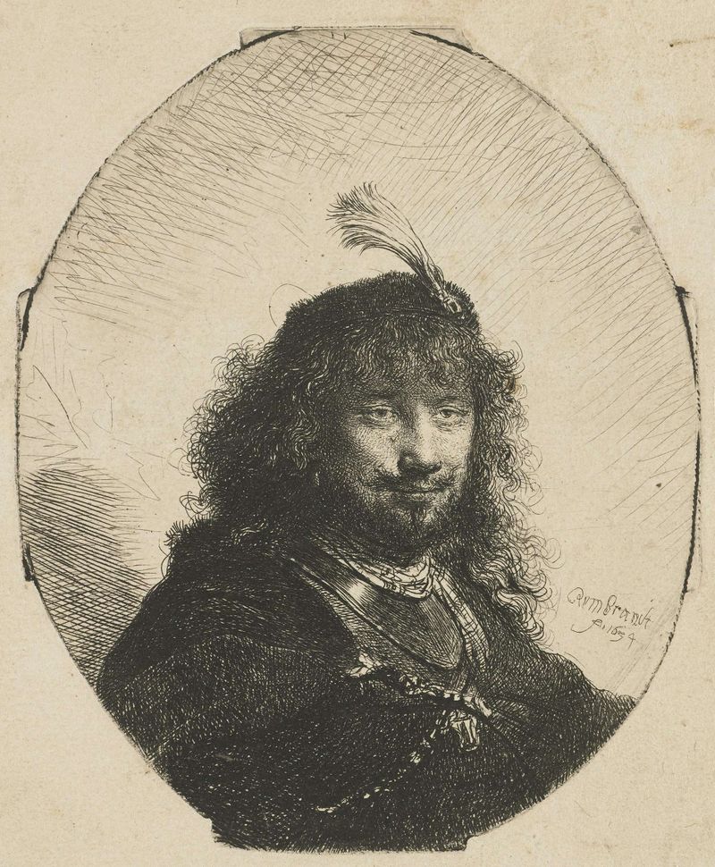 Autorretrato con capucha de plumas, grabado de Rembrandt van Rijn