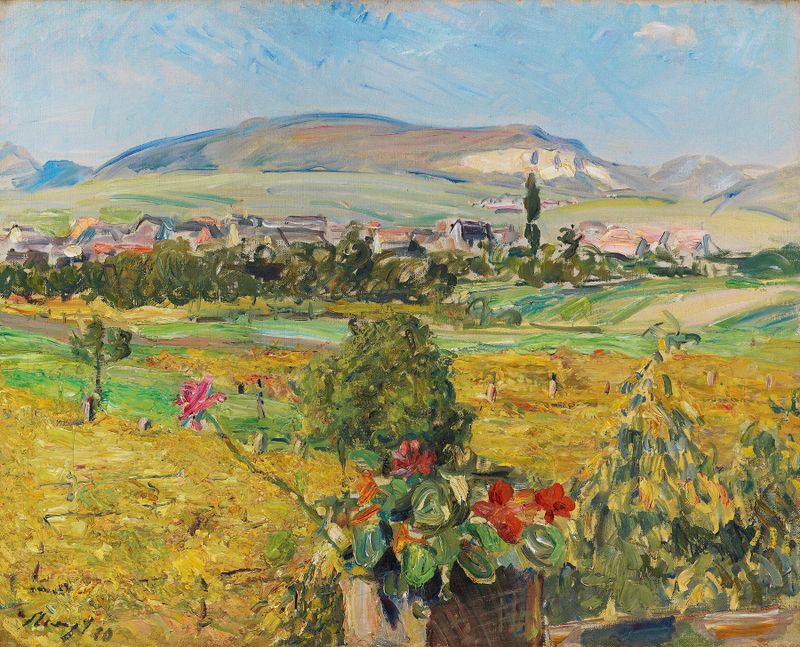Pfälzer Landschaft by Max Slevogt, oil on canvas depicting rolling hills and blue mountains