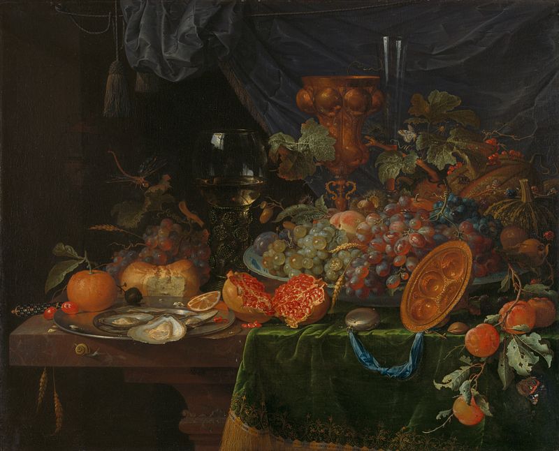 Still life oil painting by Abraham Mignon featuring fruit, oysters, and a table.