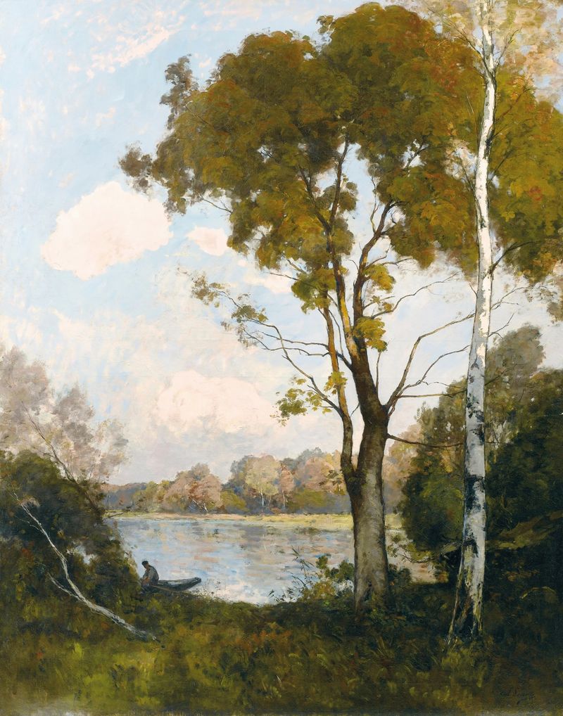Landscape oil painting by Paul Lecomte featuring a sunset over water with two trees