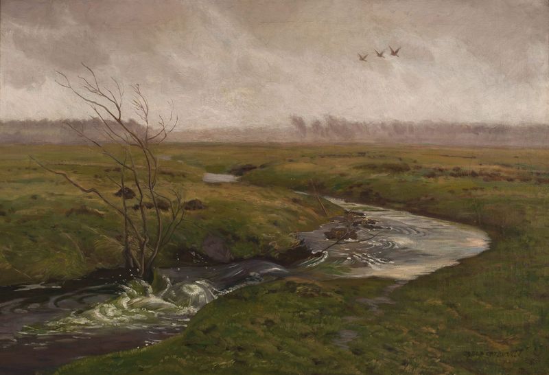 Pintura a óleo Primavera de Jozef Chelmonski mostrando grama exuberante e luz do sol filtrando através das árvores.