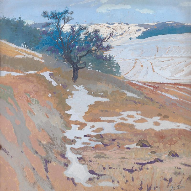 Winter landscape with hills and snow by Hugo Baar, oil on canvas