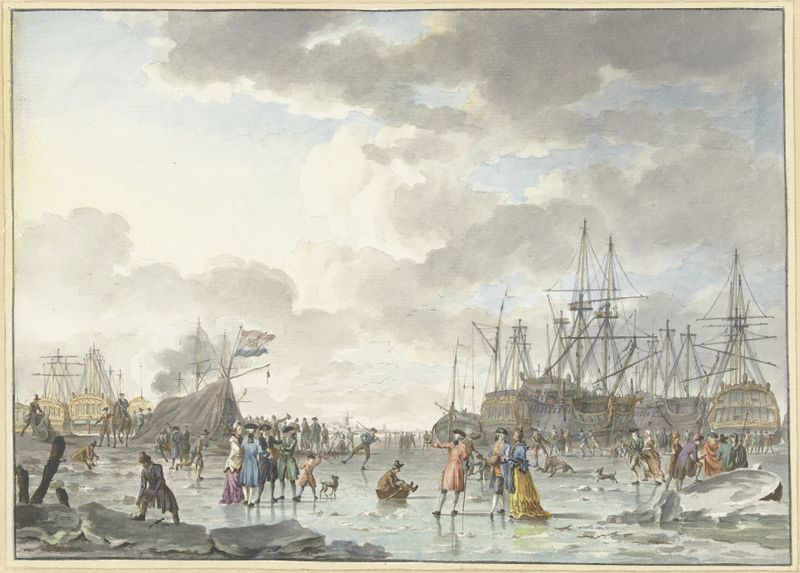 Frost Fair on a Frozen River with Ships, oil on canvas by Hendrik Kobell