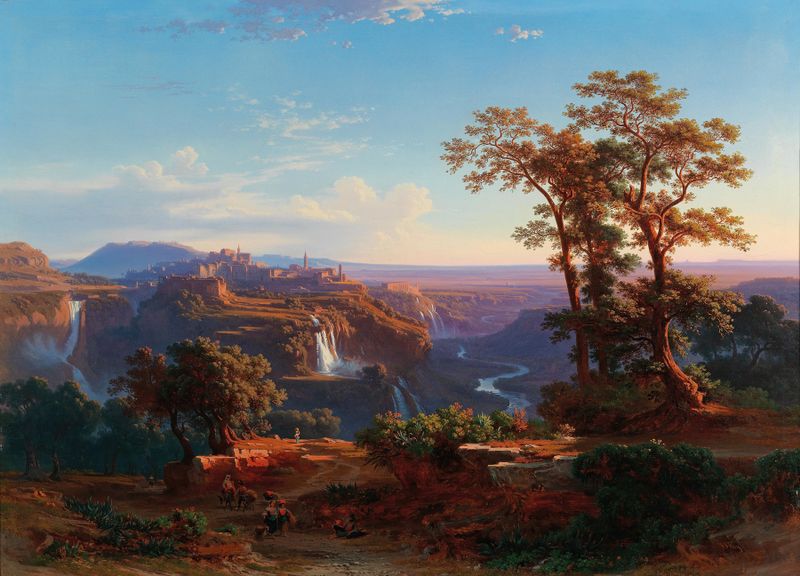Landscape featuring a waterfall and hills, oil painting by Johann Jakob Frey
