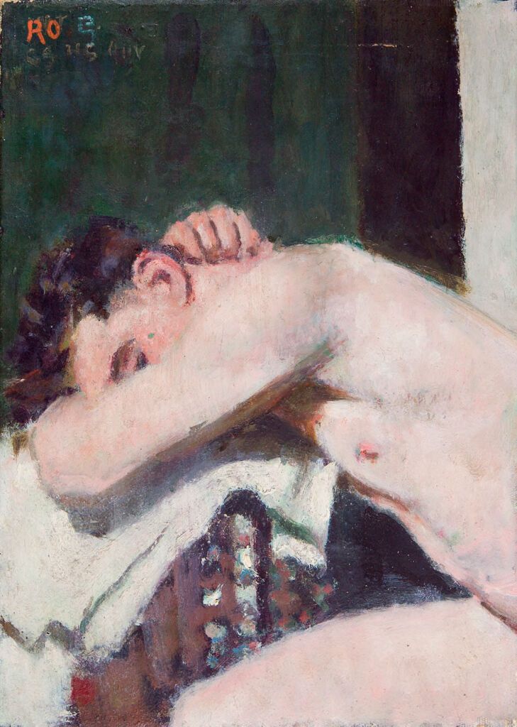 Retrato de uma figura em óleo sobre tela de Denman Waldo Ross, retratando introspecção e emoção.
