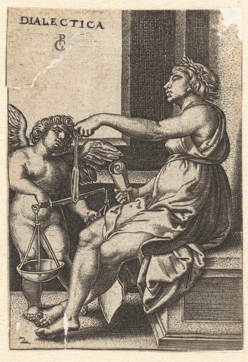 Gravura Dialectica de Georg Pencz representando duas figuras em um debate filosófico.