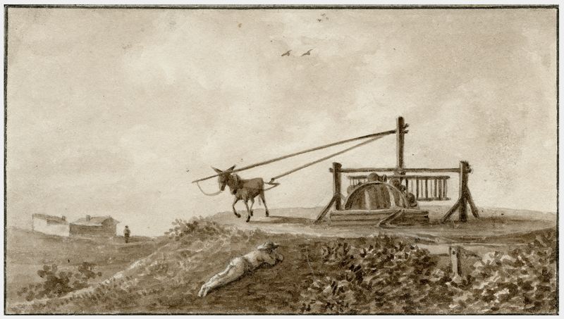 Pintura a óleo de Otto Howen representando um poço de água com engrenagens e alavancas.