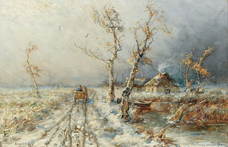 A stormy winter landscape with snow and dark clouds by Julius Sergius Klever, oil painting