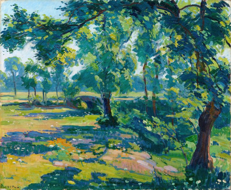 Landscape with greenery and golden light by Henri Person, Impressionism