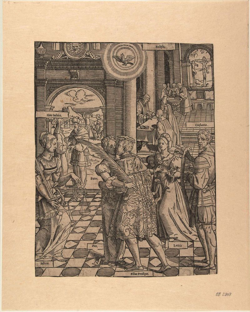 Escena religiosa que representa figuras en reunión, papel de Cornelis Anthonisz