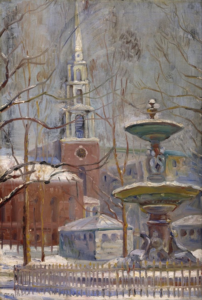 Park Street at Boston Commons by Arthur Clifton Goodwin, oil on canvas depicting a tranquil park scene.