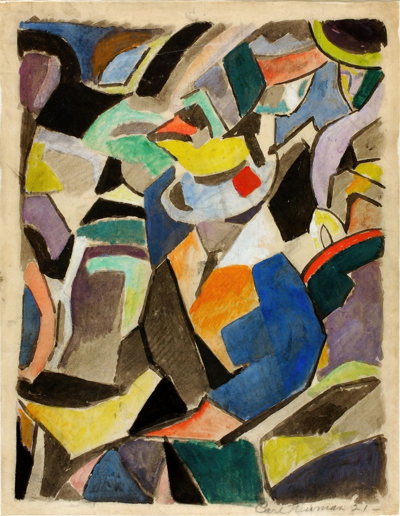 Obra abstracta de Carl Newman, con colores vibrantes y formas dinámicas.