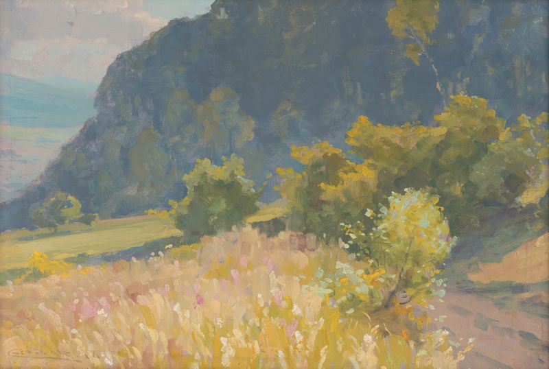 Paisaje de Ľudovít Čordák, modernismo, que representa colinas onduladas y un cielo brumoso