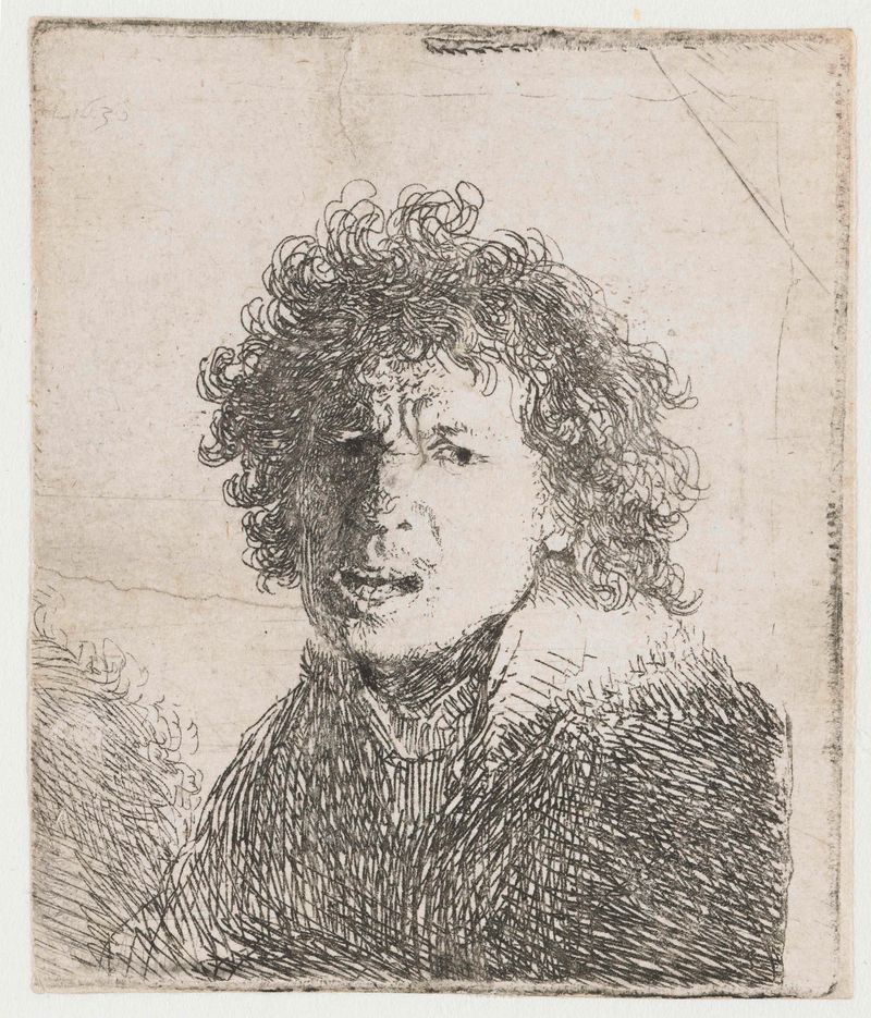 Gravura de autorretrato de Rembrandt van Rijn com expressão aberta