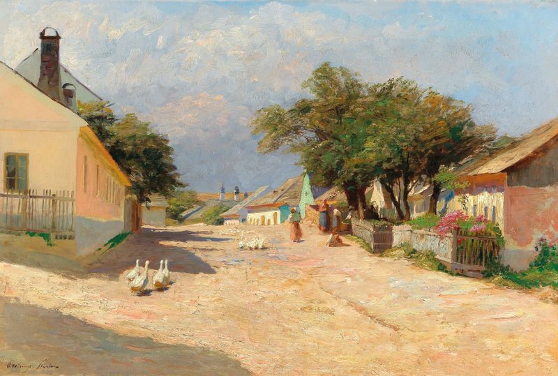 Landscape depicting a village road under summer sunlight by Olga Wisinger-Florian