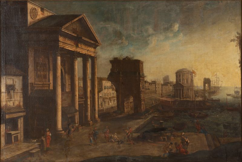 Harbour with Capriccio by Alessandro Salucci, oil on canvas depicting swirling clouds and water.