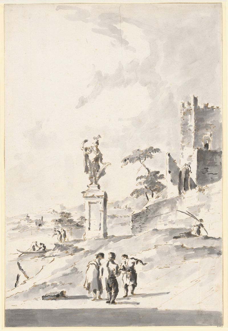 Capriccio with a Statue of a Warrior and a Ruined Castle on the Shore of the Lagoon by Giacomo Guardi, oil painting
