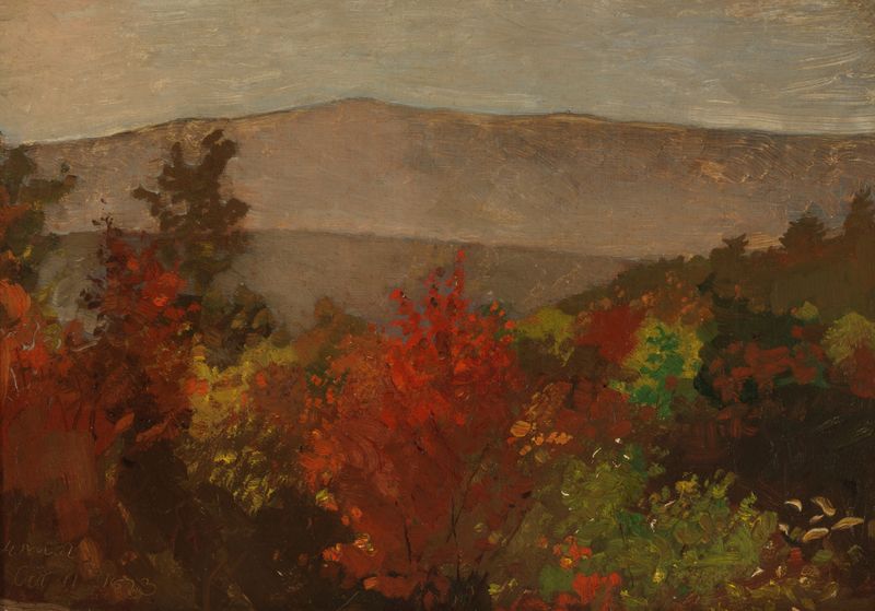Treetops de Otoño de Winslow Homer, pintura al óleo de árboles vibrantes de otoño.