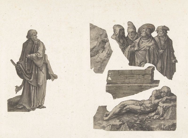 Gravura de Lucas van Leyden retratando uma figura sombria explorando memória e mortalidade.