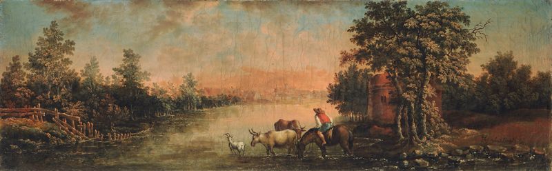 Paisaje en la Tarde de Franz Feyerabend, óleo sobre lienzo que representa tonos del crepúsculo.