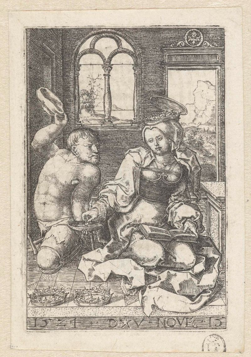 Engraving by Dirck Vellert depicting Saint Elisabeth giving alms to a beggar.