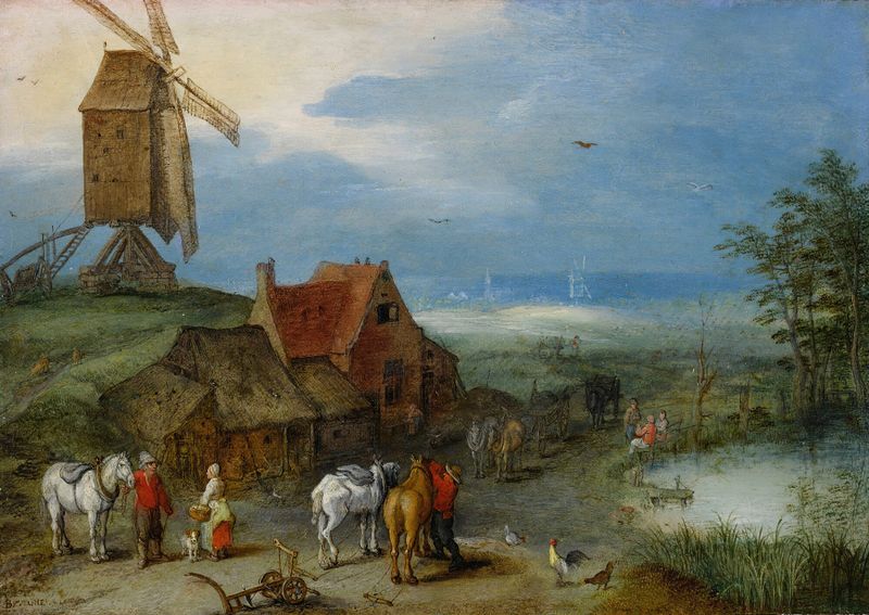 Paisagem com um moinho, cavalos e animais, óleo sobre painel de Jan Brueghel, o Velho