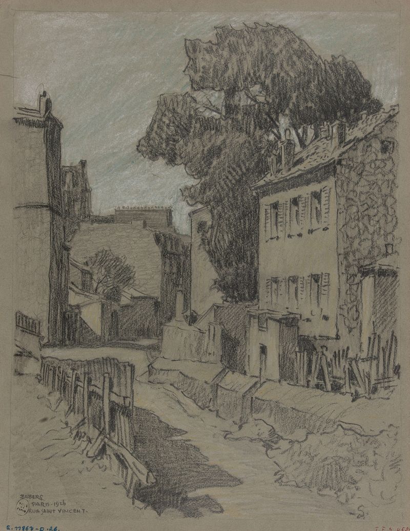 Rue Saint Vincent, à Montmartre por Ferdinand Boberg, pintura a óleo que retrata uma rua parisiense.