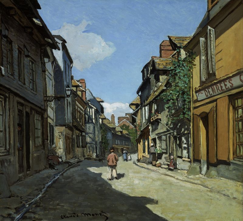 Rue de la Bavole, Honfleur de Claude Monet, pintura a óleo que retrata uma rua serena com luz filtrada.