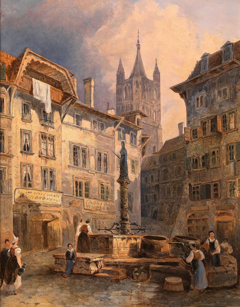 Place de Palud in Lausanne by Adalbert Stifter, oil painting depicting an urban landscape with trees and cobblestone paths.