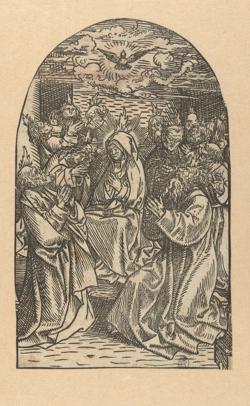 Religious scene with figures and a dove, paper artwork by Jacob Cornelisz van Oostsanen