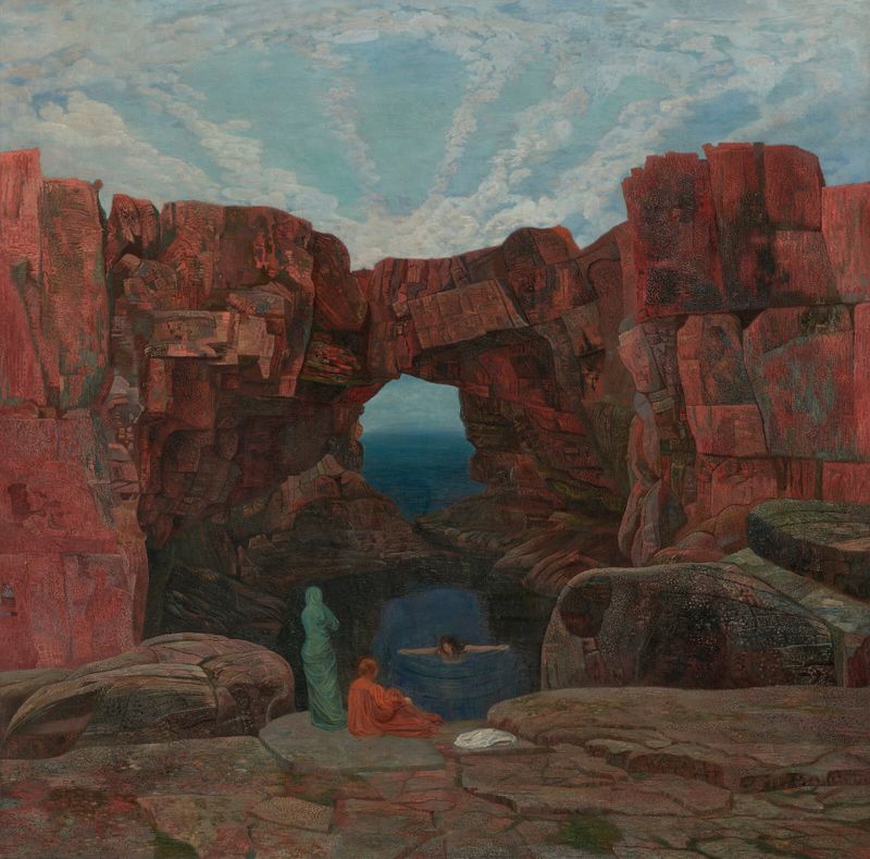 Figurative oil painting by Karl Mediz depicting a tranquil bathing scene with rocks and waves.