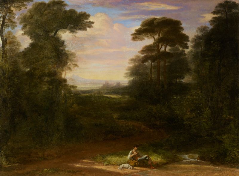 Landscape, Evening de Washington Allston, óleo sobre tela que retrata cores do crepúsculo e natureza.